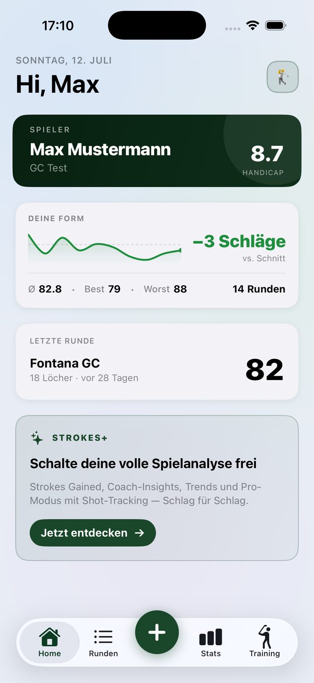 Strokes Home-Screen: Handicap 8.7, Formkurve −3 Schläge, letzte Runde Fontana GC