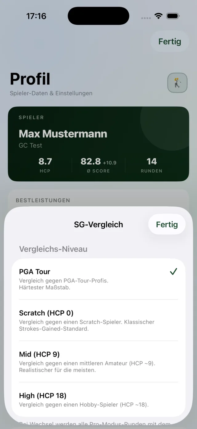 Auswahl des Vergleichs-Niveaus von PGA Tour bis Handicap 18